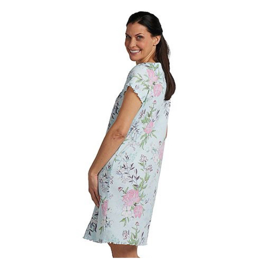 Miss Elaine Essentials Cottonessa Short Gown Women's Small Aqua Floral